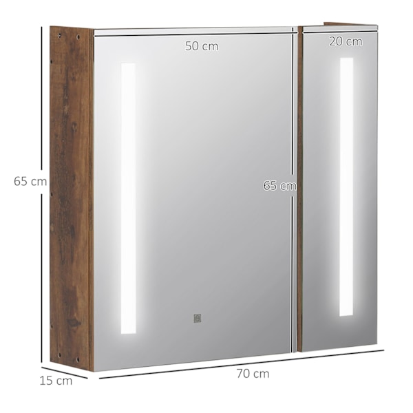 Rootzin seinälle asennettu peilikaappi - LED -kylpyhuoneen säilytys - Valaistu turhamaisuus - Säädettävät hyllyt - 70 x 15 x 65 cm puun ulkoasu