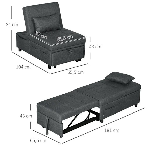 Rootz Liggstol - Sovstol - 3-i-1 Fåtölj - Linnelook - Inklusive dyna - Mörkgrå - 65,5 cm x 104 cm x 81 cm