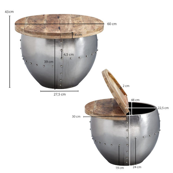 Rootz sofabord Mango massivt træ - metal 60x43x60 cm industriel stil rundt - Design stuebord med opbevaringsplads - Moderne loungebord sofabord sølv