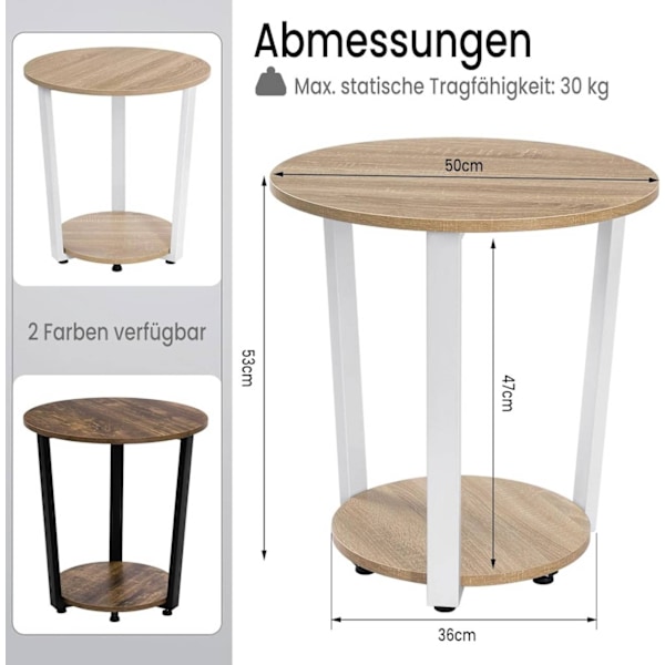 Rootz runt sidobord med 2 hyllor - Litet soffbord - Öppen design - Metallram - E1 trämaterial - 50cm x 53cm x 50cm