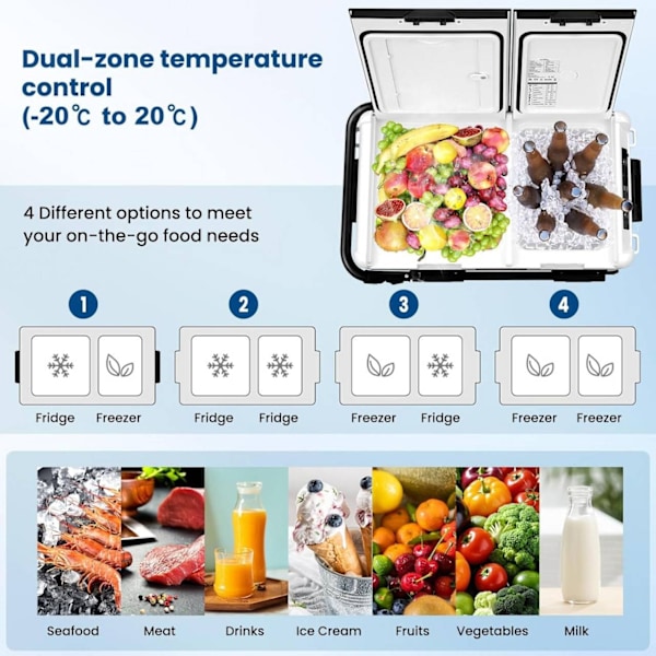 Rootz 2-zonskompressorkylbox - Kylskåp för elbil - Bärbar campingfrys - Batteriskydd - 30L/40L/50L - 12V/24V - APP-styrd - 20°C Kylning - 2,5 m DC-kab