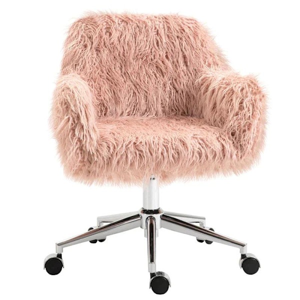 Rootz Kontorstol - Executive Chair - Drejestol - Computerstol - Make-up stol - Sædehøjdejustering - Faux Fur Skum - Pink/Sølv - 57 x 60 x 75-85 cm