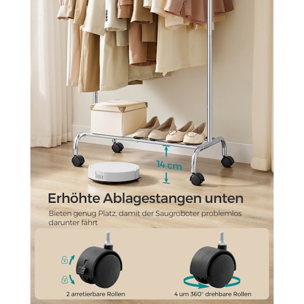 Rootz justerbar tøjstativ på hjul - Tøjstativ - Rullende garderobestativ - Stål og plastik - 40 cm x (83-120 cm) x 156 cm - 2,9 kg