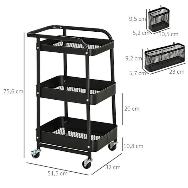Rootz 3 Tier Metal Servering Trolley - Kitchen Cart - Utility Trolley - 2 Bestikstativ - 51,5L x 32W x 75,6h cm - Sort
