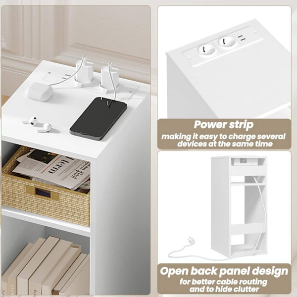 Rootz Sängbord med Power Strip - Litet Nattduksbord - Sovrum Nattbord - E1 Konstruerat trä - 25 x 60 x 30 cm - Vit - Svart - Ljus Ek