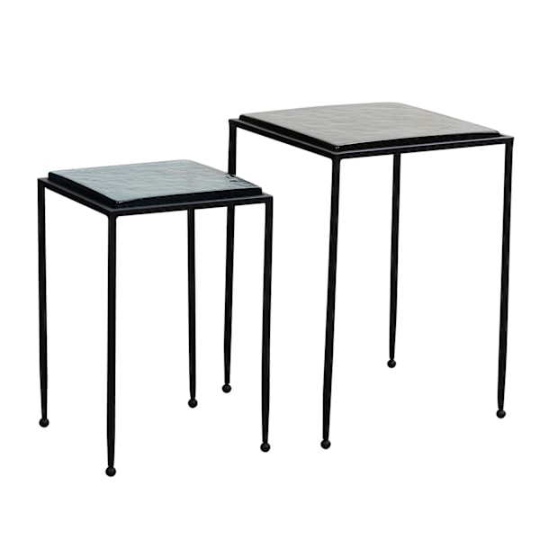 Rootz Modern Design Sidebordssæt - Endeborde - Accentborde - Aqua Blå & Sort glasplader - Pulverlakerede jernstel - 39 x 39 x 55 cm & 32 x 32 x 48 cm