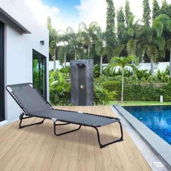 Rootz Sun Lounger - Sammenklappelig liggestol - Strandchaisestol - 4-niveaus ryglæn - Mørkegrå - 197 cm x 58 cm x 76 cm