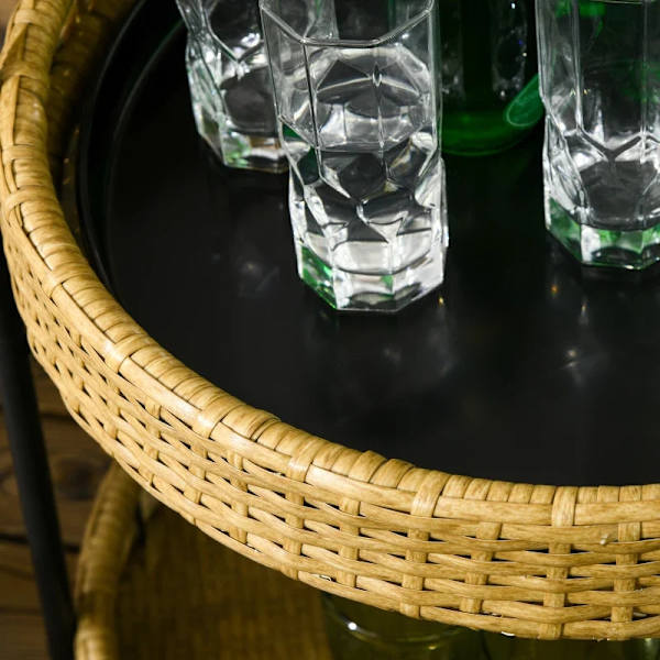 Rootz udendørs serveringsvogn - 2 niveaus bremser - polyrattan - metalramme - stål-PE rattan - gul-sort - Φ50 x 66H cm