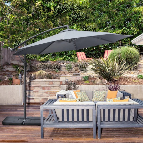 Rootz Garden Parasol - Cross Base - Vejrbestandig - Solbeskyttelse - Elegant design - Seks Ribber - Cantilever Parasol - Metal-polyester - Grå - 292 c