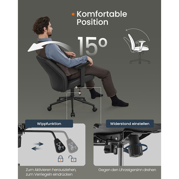 Rootz Office & Justerbare Armlæn Skrivebordsstol - Blæksort - Stål - PU-læder - Højdejusterbar - 66cm x 66cm x (86,5-94,5cm)