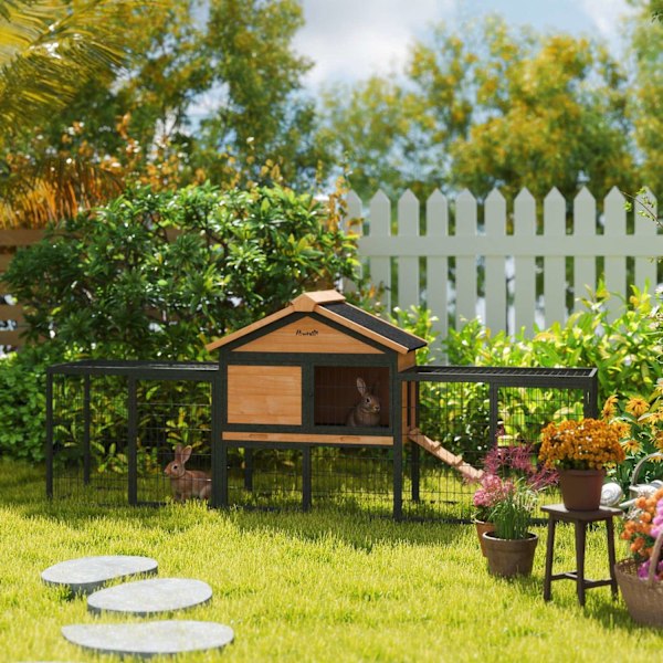 Rootz 2 Level Rabbit Stable - Double -Deck House - Udendørs kæledyrskabning - Vejrbestandigt, let rent - 217 cm x 53 cm x 86 cm