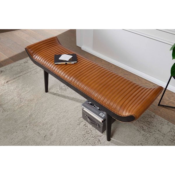 Rootz bænk ægte læder - massiv træ bænk brun 125x51x38 cm moderne - Design polstret bænk gang Læder bænk sengebænk 2 personer - Hall bænk moderne