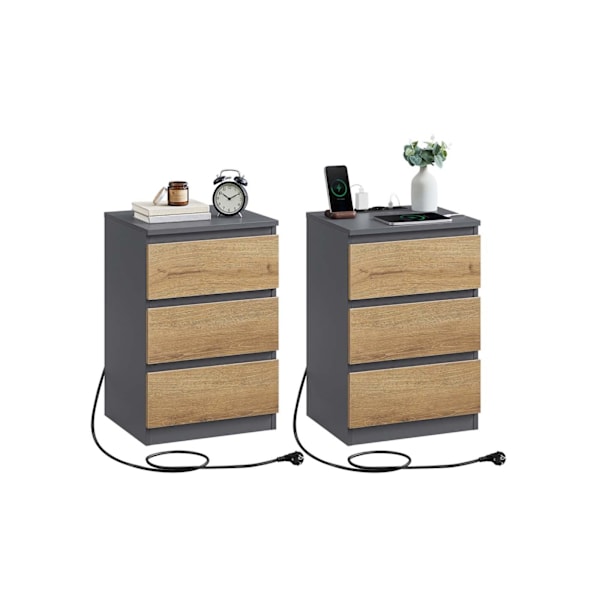 Rootz 2 -stykke sæt Bedside Table - Natbord - Slutbord - Opladestation - Grå, brun - 35 cm x 40 cm x 59 cm
