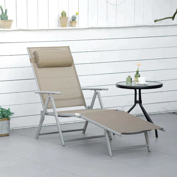 Rootz Solstol - Solstol - Trädgårdssäng - 7 positioner - Justerbar - Strandsäng med kudde - Fällbar - Mesh Metall - Grå + Silver - 137 x 63,5 x 100,5