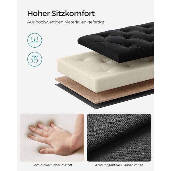Rootz Ottoman Opbevaringsskammel - Opbevaringsbænk - Polstret bænk - MDF-konstruktion - 40 cm x 110 cm x 40 cm - Blæk sort