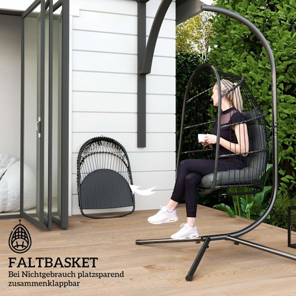 Rootz hængende stol hængende kurv - svingstol - ægstol - ergonomisk komfort - 74L x 68W x 105H cm - grå og sort