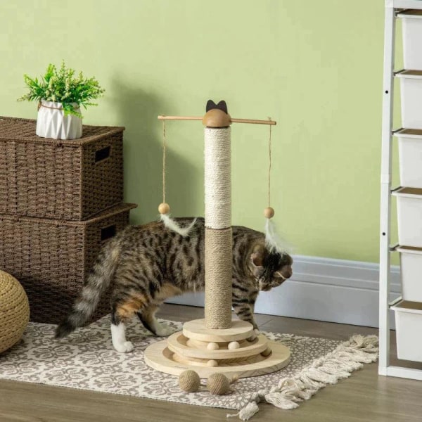 Rootz skrapstolpe - Kattträd - Cat Tower - Kitty Activity Center - Med skivspelare interaktiv bollleksak - Naturlig - 32cm x 32cm x 56cm