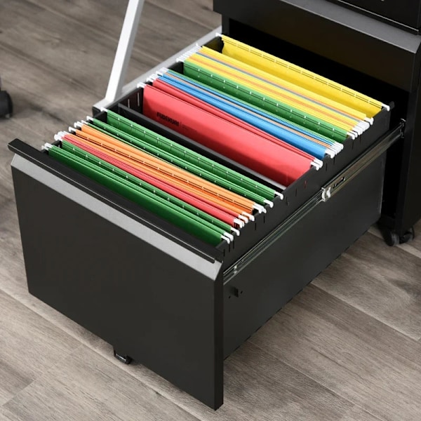 Rootz Rolling Container - Arkistokaappi - 3 laatikkoa - 5 pyörää - Ripustettava viila - Lukittava - Teräs - Musta - 39 x 48 x 60 cm