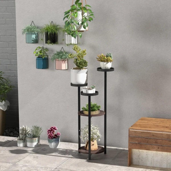 Rootz blomsterstativ - 5 etager - til indendørs og udendørs brug - Plantestativ - Stål + grantræ - Brun + Sort - 28x28x87cm