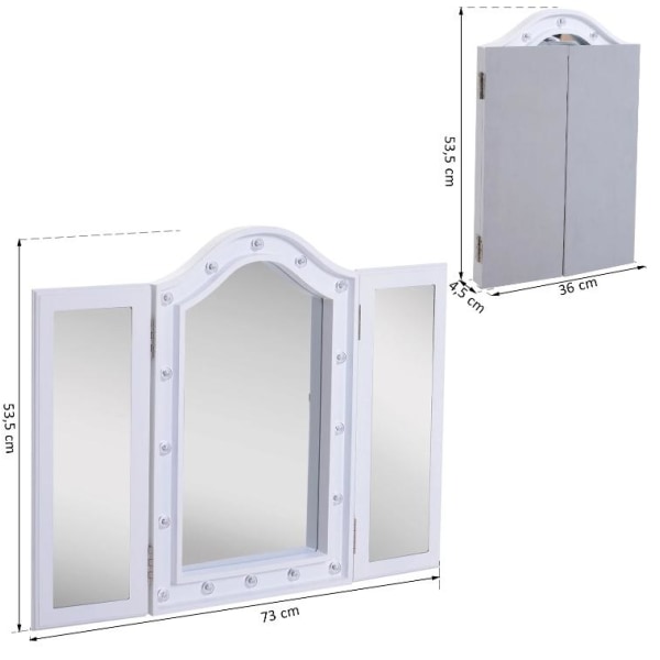 Rootz Sminkspegel - Sminkspegel - 16 LED-lampor - Batterier - Vit - MDF - 36-73 x 53,5 x 4,5 cm