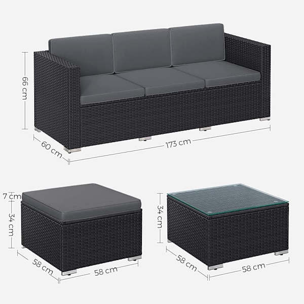 Rootz 4-osainen patiohuonekalusetti - Ulkosohva - Rakkaus - Sohvapöytä - PE-polyrottinki - VFT-pehmuste - 60cm x 173cm x 66cm