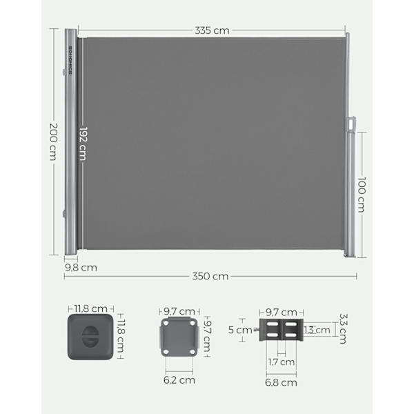 Rootz tilbagetrækkeligt sidefortelt - Udendørs baldakin - Solsejl - Aluminiumslegering - Vandafvisende stof - 2m x 3,5m - Grå