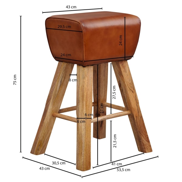 Rootz Barpall - Turnbok Model - Läder Barpall - Brun - Massivt trä - Mangoträ - 43 x 43 x 75 cm