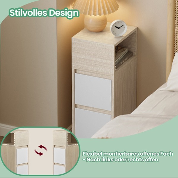 Rootz Bedside Bord - Smal sidebord - 2 skuffe natbord - Rumbesparende design - 30,1 cm x 25,1 cm x 65,1 cm