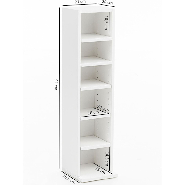 Rootz Design bokhylla 21x91x20cm med 6 fack Vit - Golvhylla trähylla fristående - Skohylla träkorridor - Smal vägghylla barnrum - Nieschenregal Modern