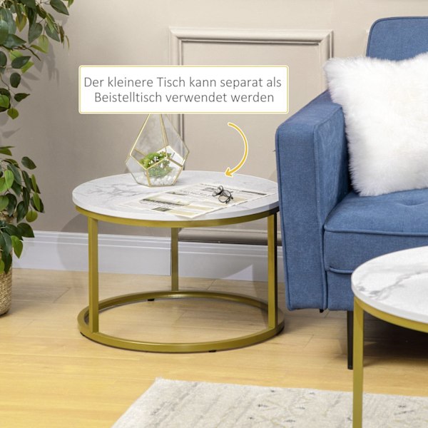 Rootz Marble Look Side Table Set - Safettabeller - häckta bord - Rymdbesparande, lätt att rengöra - Ø74 & Ø59 cm - White & Gold Finish