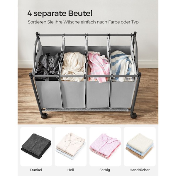 Rootz Tvättvagn - Tvättvagn - Klädkorg - Hög kvalitet - Snabb tvättinsamling - Sorteringspåsar - 87,5 cm x 38,5 cm x (67-81) cm
