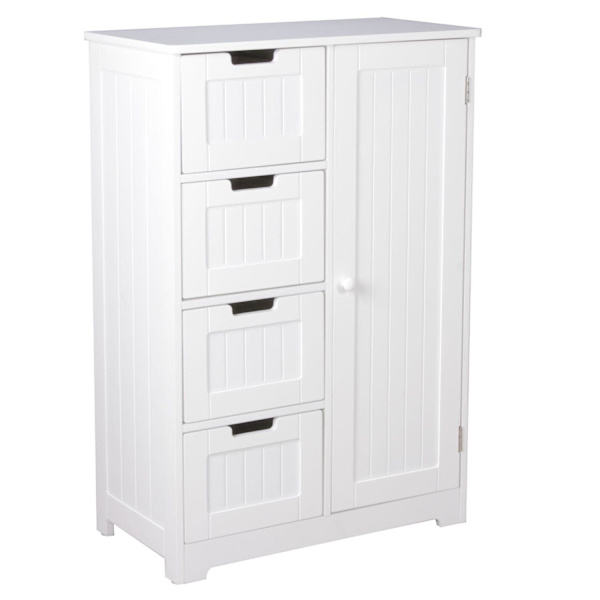 Rootz Design badrumsskåp lantlig MDF trä 65 x 83 x 30 cm vit - Litet badrumsskåp 4 lådor & 1 dörr - Sidoskåp Multifunktionsskåp