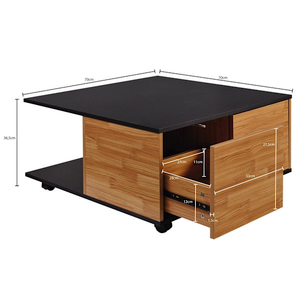 Rootz design -sohvapöytä 70x70 cm antrasiitti - hiekkatammi - Olohuoneen pöytä 2 laatikolla - Sohvapöytä pyörillä - Pöytä 2 lokerolla