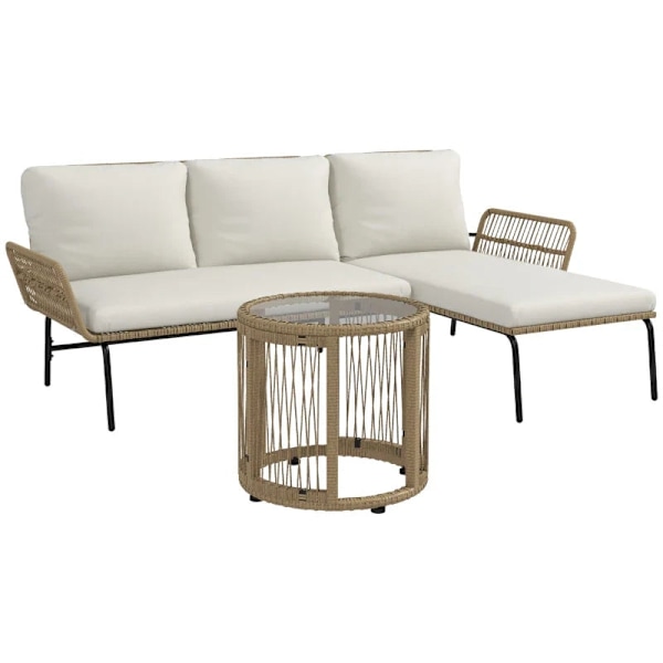 Rootz Havesiddegruppe - Loungemøbelsæt - Liggestol - Glasplade - PE Rattan - Naturlig + Cremehvid - 122 x 79 x 75 cm