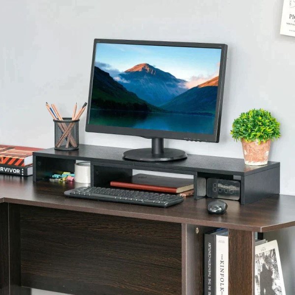 Rootz Monitor Stativ - 3 hyllor - Längd Vinkel Justerbar - Dubbelskärm Stativ - Trähylla - Bildskärmshållare för dator - Svart - 80-117 x 23,5 x 10 cm