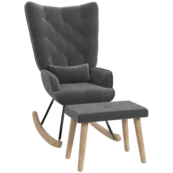 Rootz Lounge Stol och Pall Set - Modern Fåtölj - Klädd vilstol - Sammetsstoppning - Gummiträben - Mörkgrå - 66cm x 96cm x 101cm
