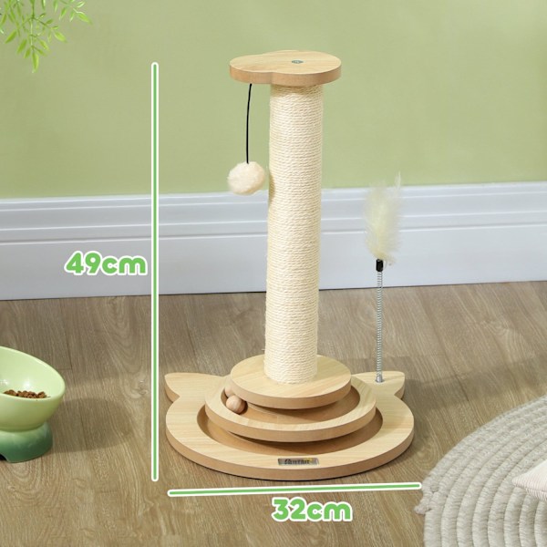 Rootz Cat Scratching Post - Sisal Scratch Tower - Play Ball Track - Underholdende 4 -i -1 design - 32 cm x 32 cm x 49 cm