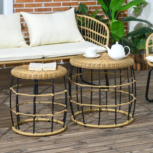 Rootz Sæt med 2 Havebord - Balkonbord - Sidebord - Boho Style - Vejrbestandig - Sort + Khaki - Ø58 x 53Hcm