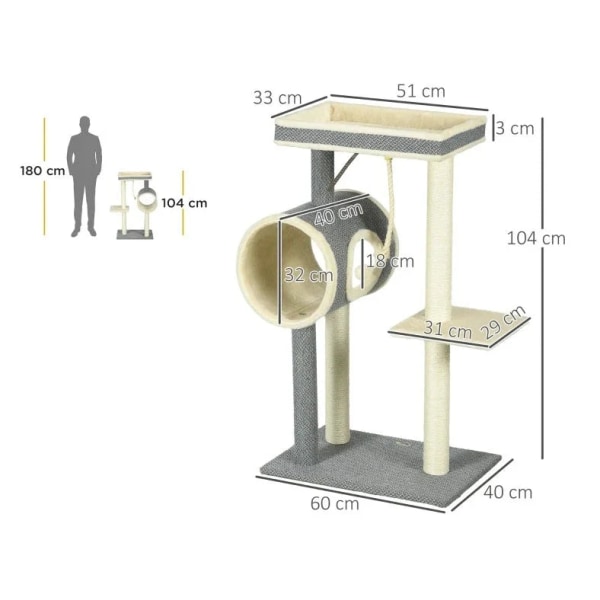 Rootz Cat-kradsestolpe - 1 Kattehule - 2 liggeflader - Spånplade - Plys - Imiteret linned - Grå + Natur - 60 cm x 40 cm x 104 cm