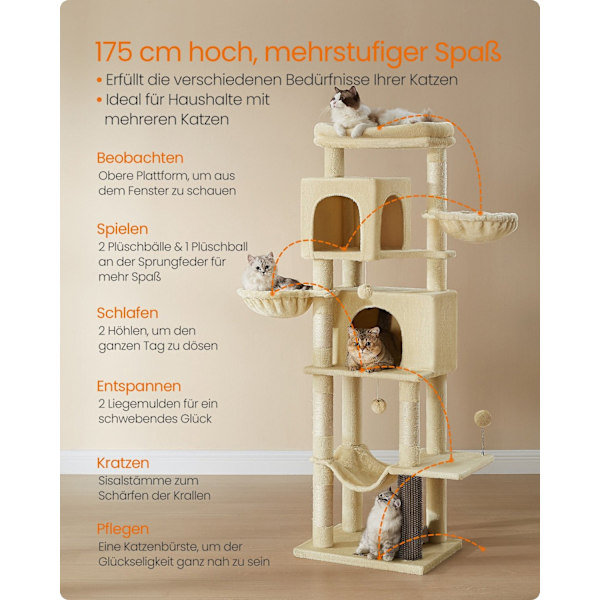 Rootz Cat Scratching Post - Kitty Tree - Scratcher - Chipboard - Plysch - Sisal - 57cm x 45cm x 175cm