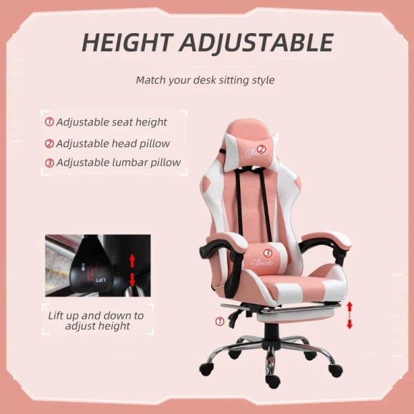 Rootz Gaming Chair - Kontorsstol - Datorstol - Snurrstol - Skrivbordsstol - Rosa - 64 cm x 67 cm x 127 cm