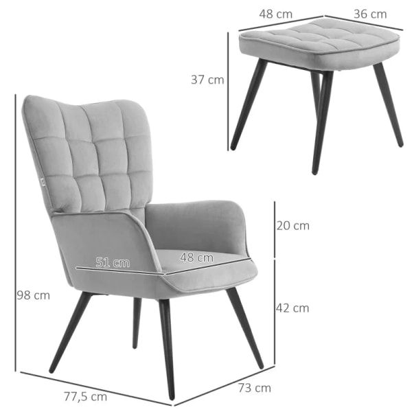 Rootz avkopplingsstol med pall - Fåtölj med ottoman - Fåtölj med fotpall - Accentstol - Set i 2 delar - Flerskiktsbräda - Grå - 73W x 77,5D x 98H cm