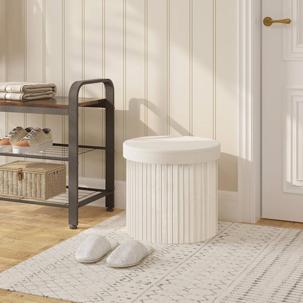 Rootz Opbevaringsskammel - Osmannisk - Fodskammel - Blød og Robust - 38 cm x 36 cm - Cremefarvet/Lysegrå - 30 L Kapacitet - E1 MDF-ramme - Fløjlsbetræ