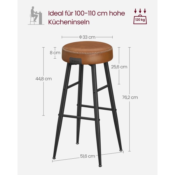 Rootz 2-delade Barstolar - Kökspallar - Counter Height Stolar - Stålstomme - Högelastiskt skum - PU syntetiskt läder - Plywood - 51,6 cm x 51,6 cm x 7