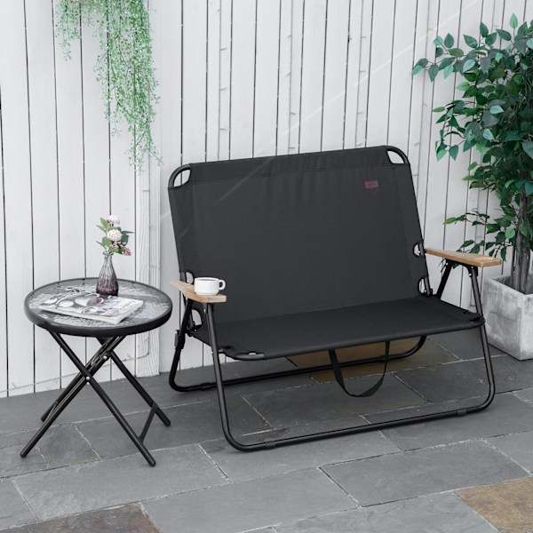 Rootz 2 -personers sammenfoldelige campingstol - bærbar dækstol - udendørs lejrsæde - indbygget kopholder - 141 x 67 x 80 cm - sort
