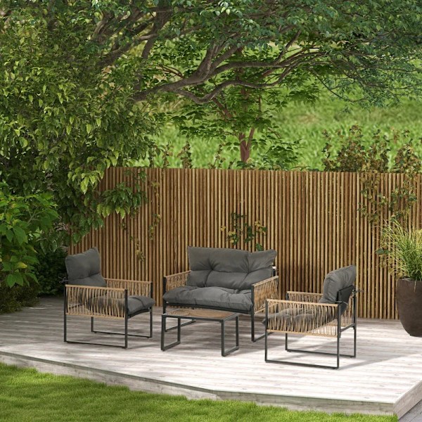 Rootz Havemøbelsæt - 4 stk - Sofa - 2 Stole - Bord - Glasplade - Sædehynder - PE Rattan-polyester-stål - Antracit-brun - 106 x 70D x 72H cm