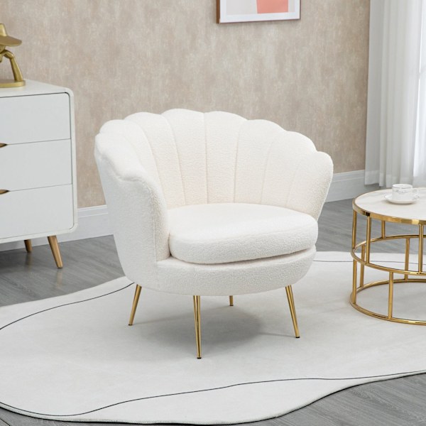 Rootz Shell -formad klädd stol - Relaxationsstol - Comfy fåtölj - Guldmetallben - Elegant & mysig - 79L x 77W x 77H cm - vitt tyg