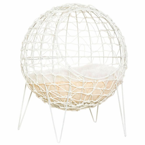 Rootz Rattan Kattekurv - Kattehule - Kattehytte - Katteseng med pude - Forhøjet design - Dyreseng - Cremehvid - Ø45 x 57H cm