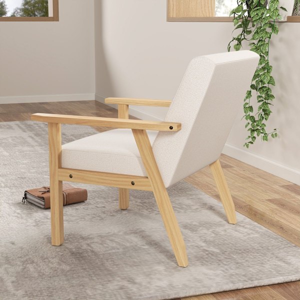 Rootz klädda fåtölj - Matsstol - Accentstol - Fast träram - Linne Look - 64 x 70 x 72 cm - Vit