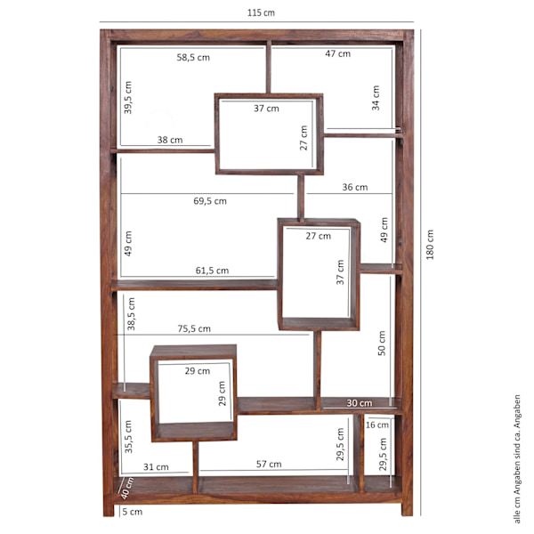 Rootz Bogreol Solid Sheesham Wood - Stor reol - Rumdeler - Håndlavet unikt design - Rigelig opbevaringsplads - 180 cm x 115 cm x 40 cm
